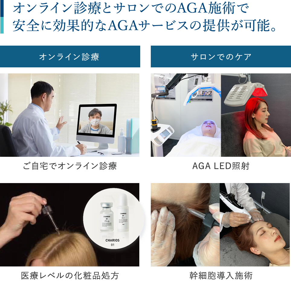 オンライン診療とサロンでのAGA施術で安全に効果的なAGAサービスの提供が可能。